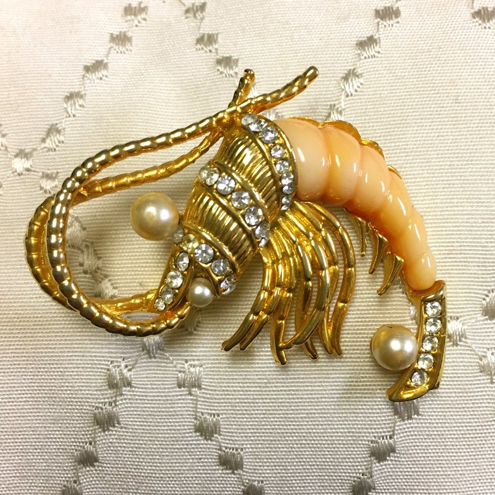 Rare Vintage Hattie Carnegie Crawfish Brooch Pearl Rhinestone Lobster Pin